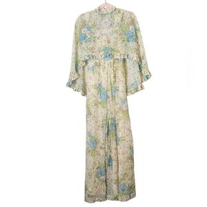 Vintage 1970s Handmade Floral Maxi Dress w/ Sheer Poncho Overlay Romantic XS